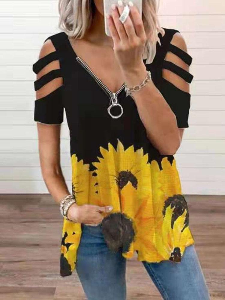 V-neck Zipper Cutout Short Sleeve Sunflower T-shirt Ins Street