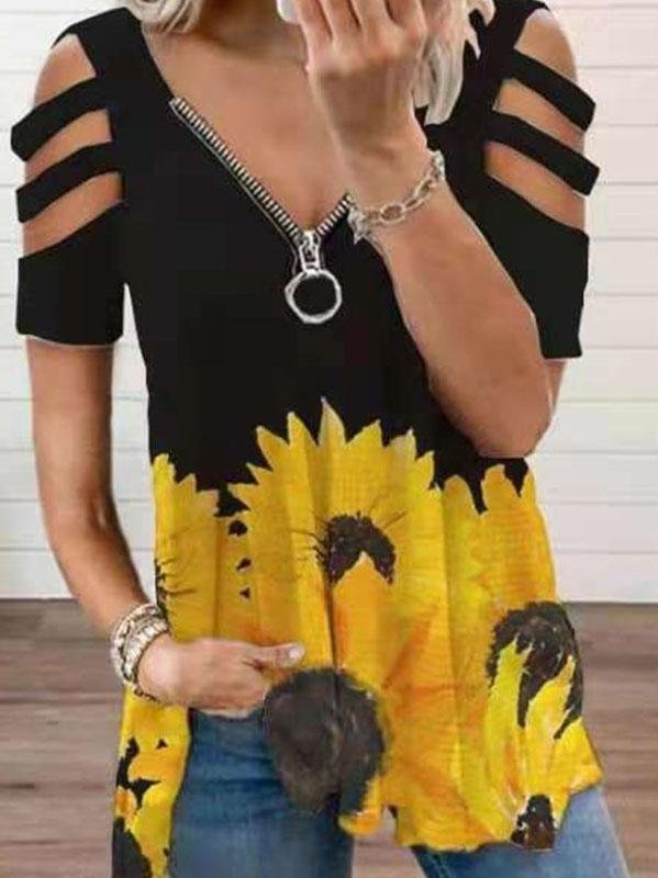 V-neck Zipper Cutout Short Sleeve Sunflower T-shirt Ins Street