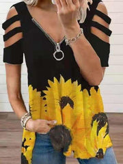 V-neck Zipper Cutout Short Sleeve Sunflower T-shirt Ins Street