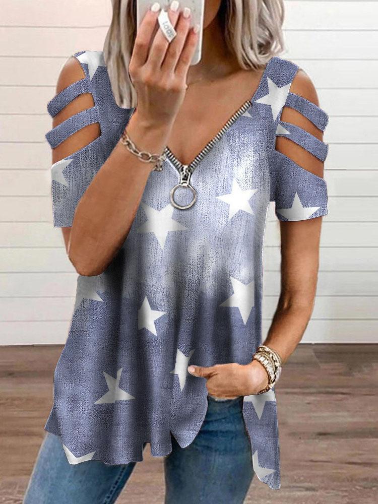 V-neck Zipper Cutout Short-sleeved T-shirt Ins Street