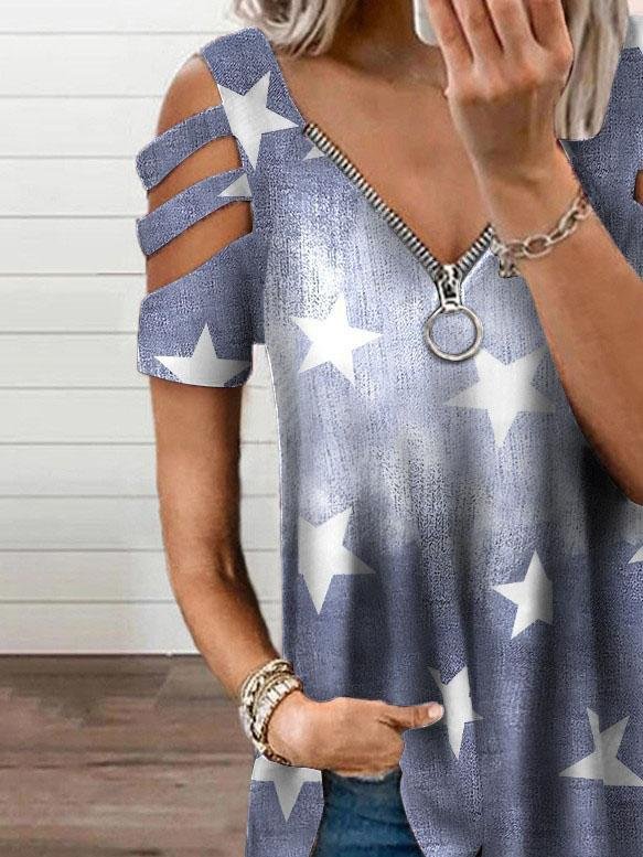 V-neck Zipper Cutout Short-sleeved T-shirt Ins Street