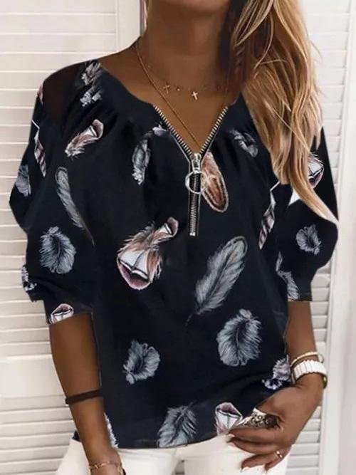 V-Neck Zipper Feather Print Long Sleeves Blouses Ins Street