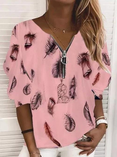 V-Neck Zipper Feather Print Long Sleeves Blouses Ins Street