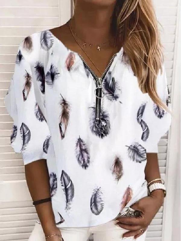 V-Neck Zipper Feather Print Long Sleeves Blouses Ins Street