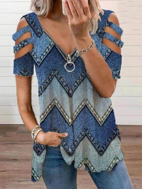 V-neck Zipper Geometric Print T-shirt Ins Street