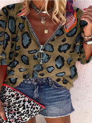 V-neck Zipper Leopard Print Casual Blouses Ins Street