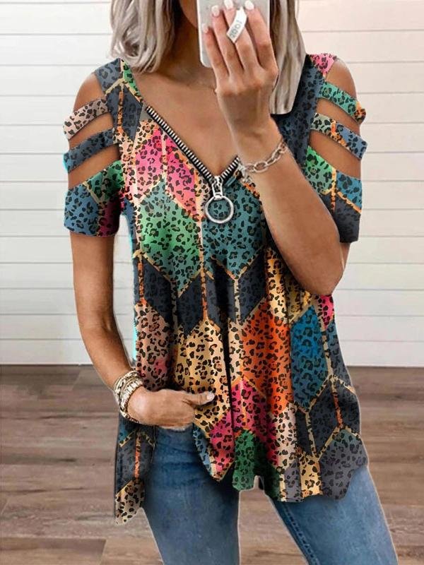 V-neck Zipper Printed Short Sleeve Loose T-shirt Ins Street