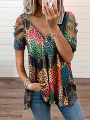 V-neck Zipper Printed Short Sleeve Loose T-shirt Ins Street