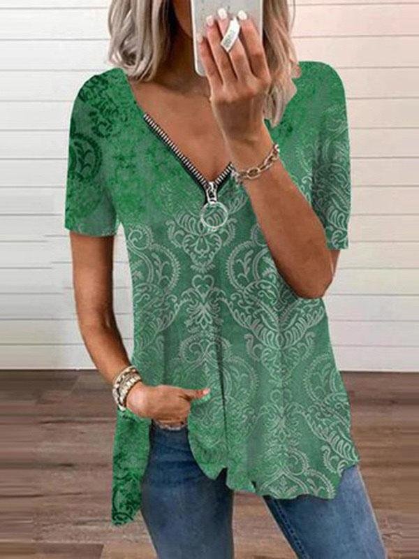 V-neck Zipper Pullover Print Short-sleeved Loose Top Ins Street