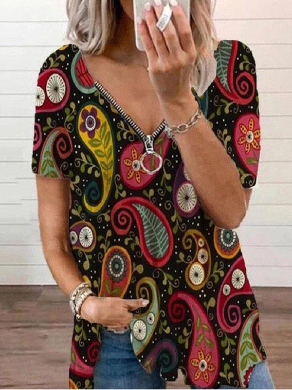 V-neck Zipper Pullover Print Short-sleeved Loose Top Ins Street