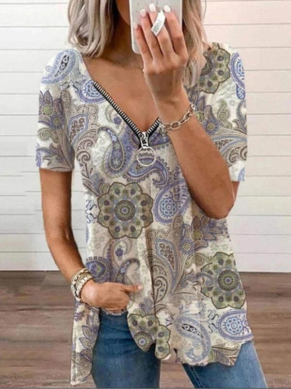 V-neck Zipper Pullover Print Short-sleeved Loose Top Ins Street