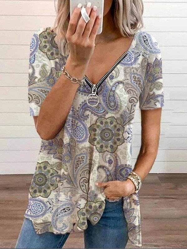 V-neck Zipper Pullover Print Short-sleeved Loose Top Ins Street