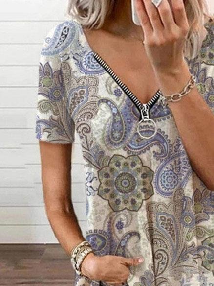 V-neck Zipper Pullover Print Short-sleeved Loose Top Ins Street