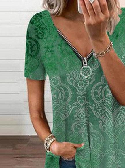 V-neck Zipper Pullover Print Short-sleeved Loose Top Ins Street