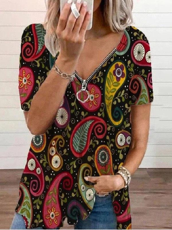 V-neck Zipper Pullover Print Short-sleeved Loose Top Ins Street