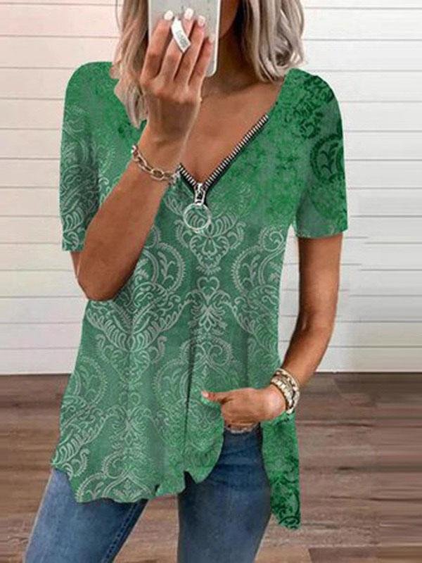 V-neck Zipper Pullover Print Short-sleeved Loose Top Ins Street