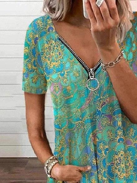 V-neck Zipper Pullover Print Short-sleeved Loose Top Ins Street