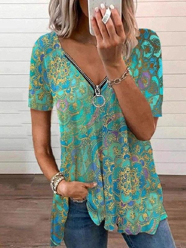 V-neck Zipper Pullover Print Short-sleeved Loose Top Ins Street