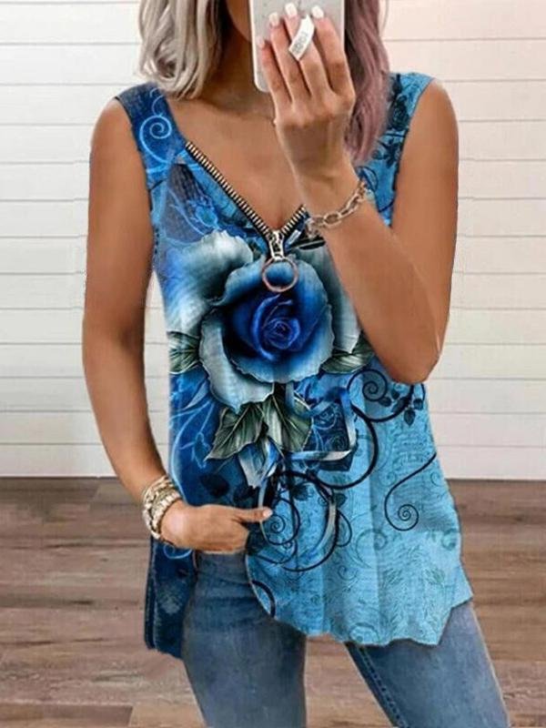 V-neck Zipper Rose Flower Print Casual Vest Ins Street