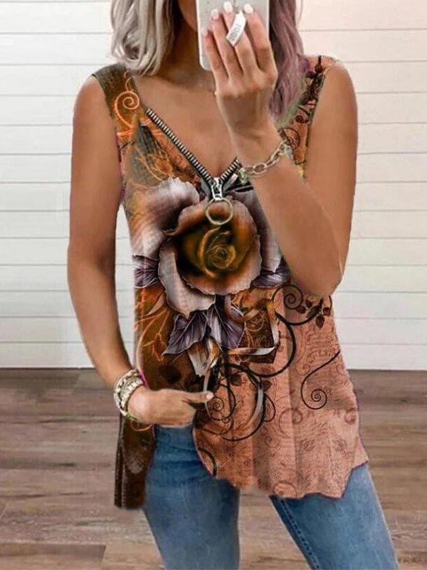 V-neck Zipper Rose Flower Print Casual Vest Ins Street