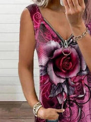 V-neck Zipper Rose Flower Print Casual Vest Ins Street