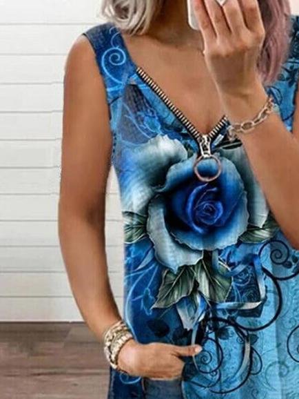 V-neck Zipper Rose Flower Print Casual Vest Ins Street