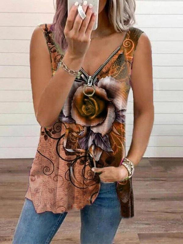 V-neck Zipper Rose Flower Print Casual Vest Ins Street