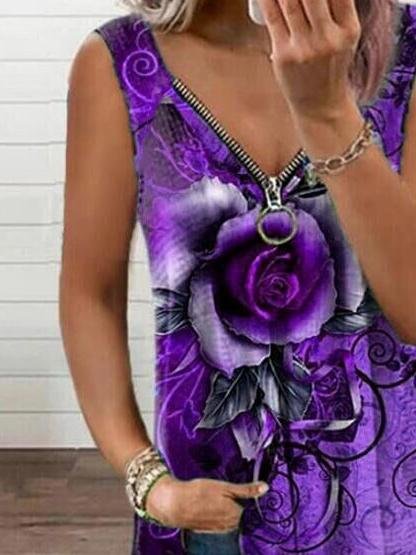 V-neck Zipper Rose Flower Print Casual Vest Ins Street