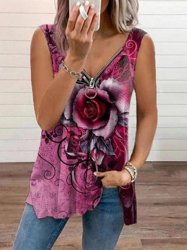 V-neck Zipper Rose Flower Print Casual Vest Ins Street