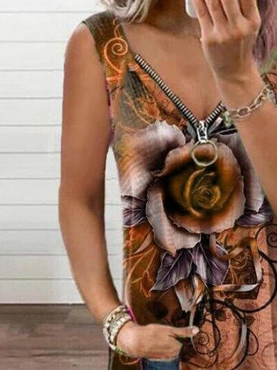 V-neck Zipper Rose Flower Print Casual Vest Ins Street