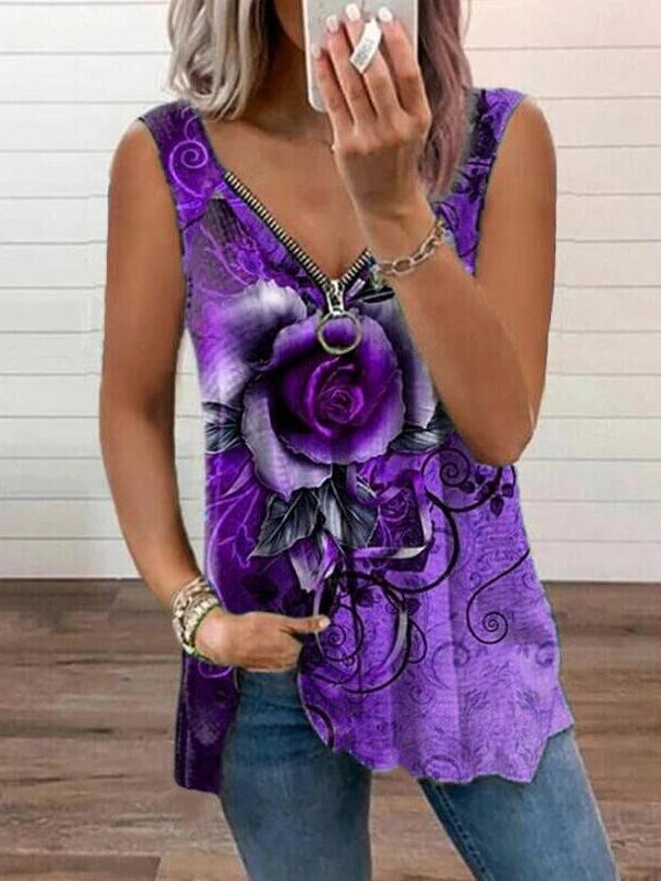 V-neck Zipper Rose Flower Print Casual Vest Ins Street