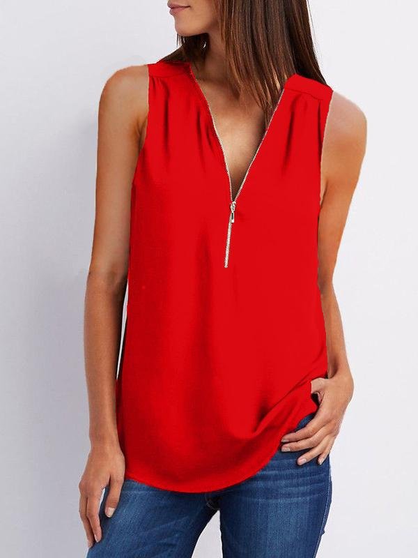 V-neck Zipper Sleeveless Loose Chiffon Vest Ins Street