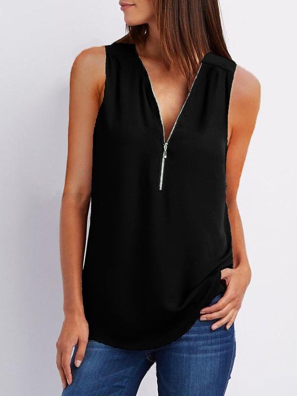 V-neck Zipper Sleeveless Loose Chiffon Vest Ins Street