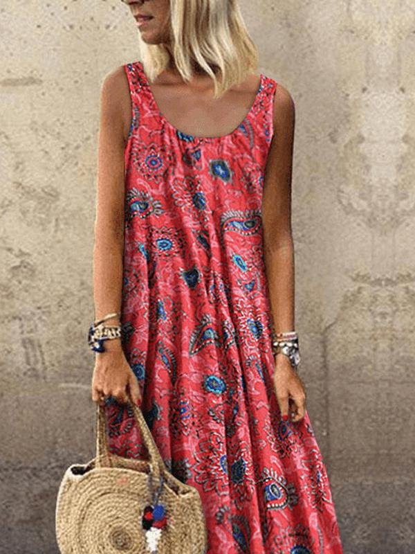 Vacation Print Round Neck Sleeveless Dress Ins Street