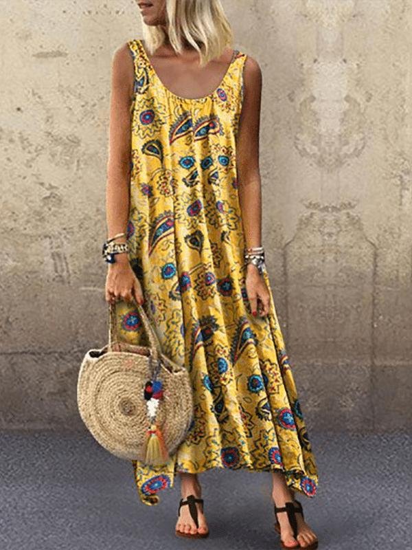 Vacation Print Round Neck Sleeveless Dress Ins Street