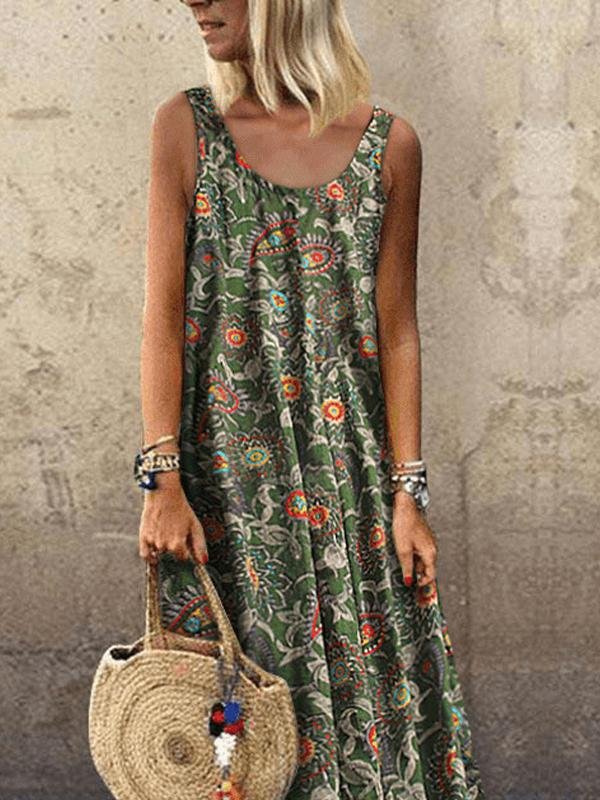 Vacation Print Round Neck Sleeveless Dress Ins Street