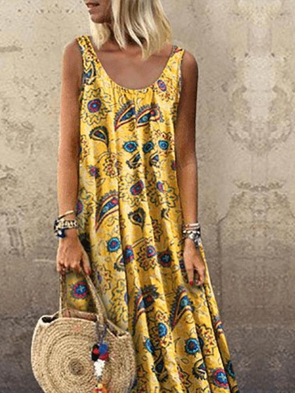 Vacation Print Round Neck Sleeveless Dress Ins Street