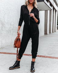 Vander Pocketed Hooded Knit Jumpsuit - Black LOVE-003