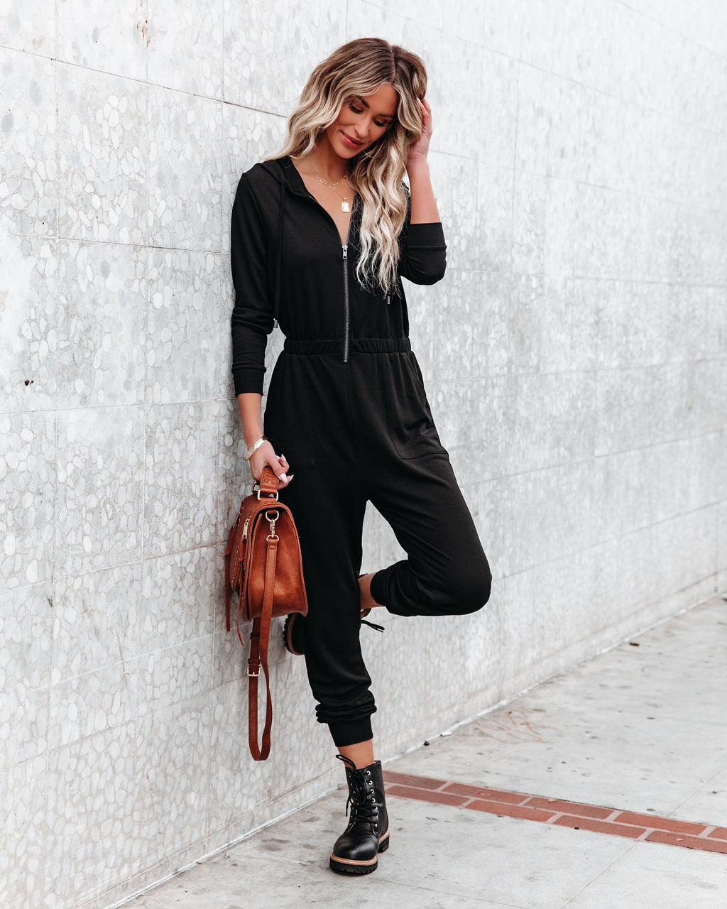 Vander Pocketed Hooded Knit Jumpsuit - Black LOVE-003