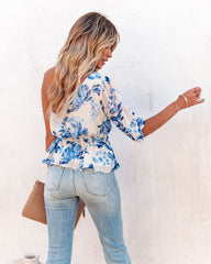 Vargo Floral One Shoulder Peplum Blouse - Blue BTFL-001