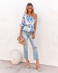 Vargo Floral One Shoulder Peplum Blouse - Blue BTFL-001