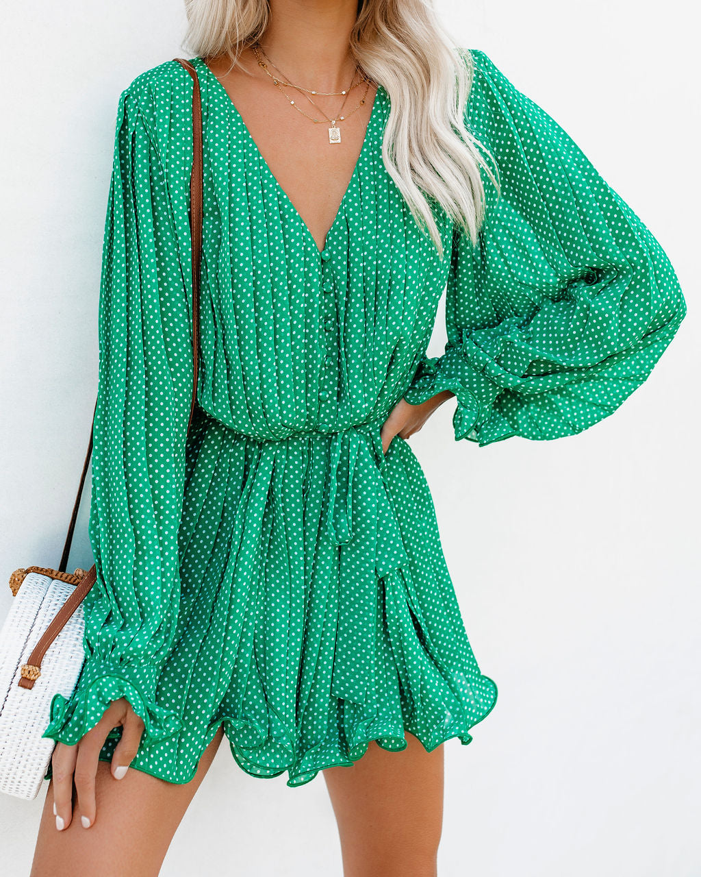 Viera Polka Dot Pleated Romper - Green Ins Street