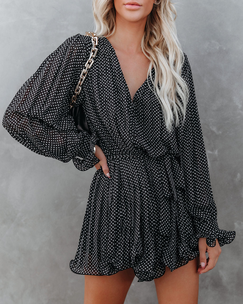 Viera Polka Dot Pleated Romper - Black Ins Street