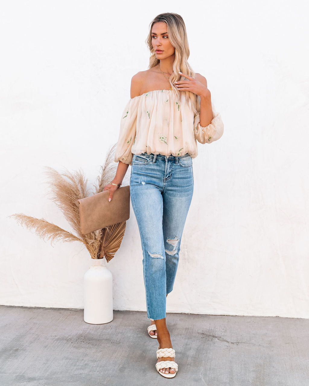 Villa Off The Shoulder Embroidered Chiffon Blouse Ins Street