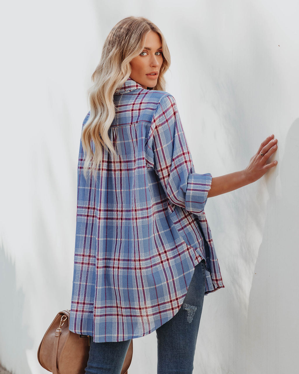 Vindy Cotton Blend Pocketed Plaid Henley Top - Blue Ins Street