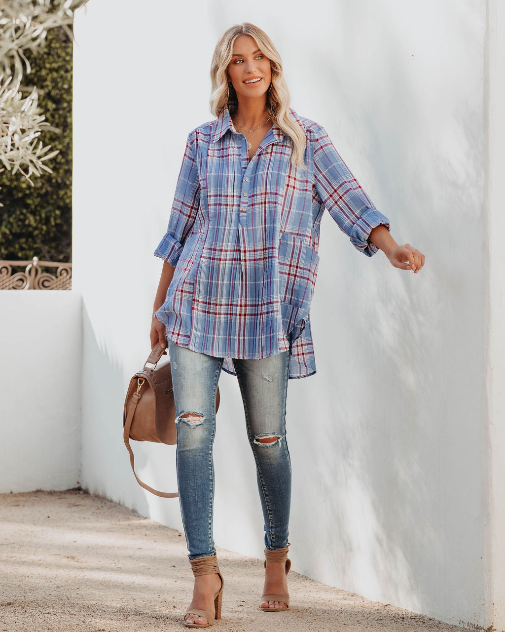 Vindy Cotton Blend Pocketed Plaid Henley Top - Blue Ins Street