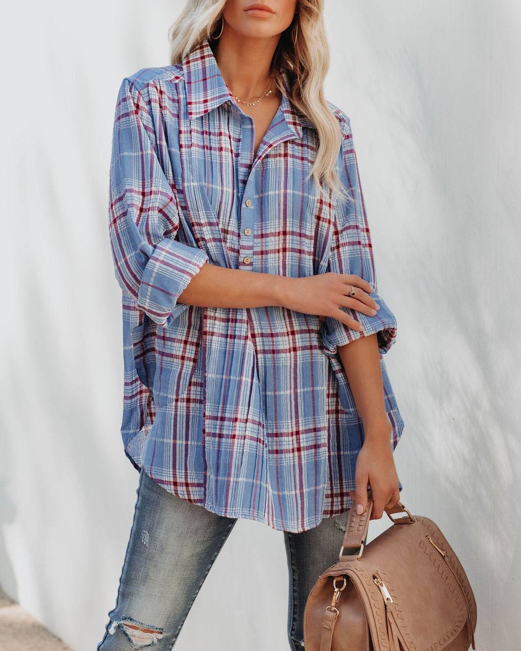 Vindy Cotton Blend Pocketed Plaid Henley Top - Blue Ins Street