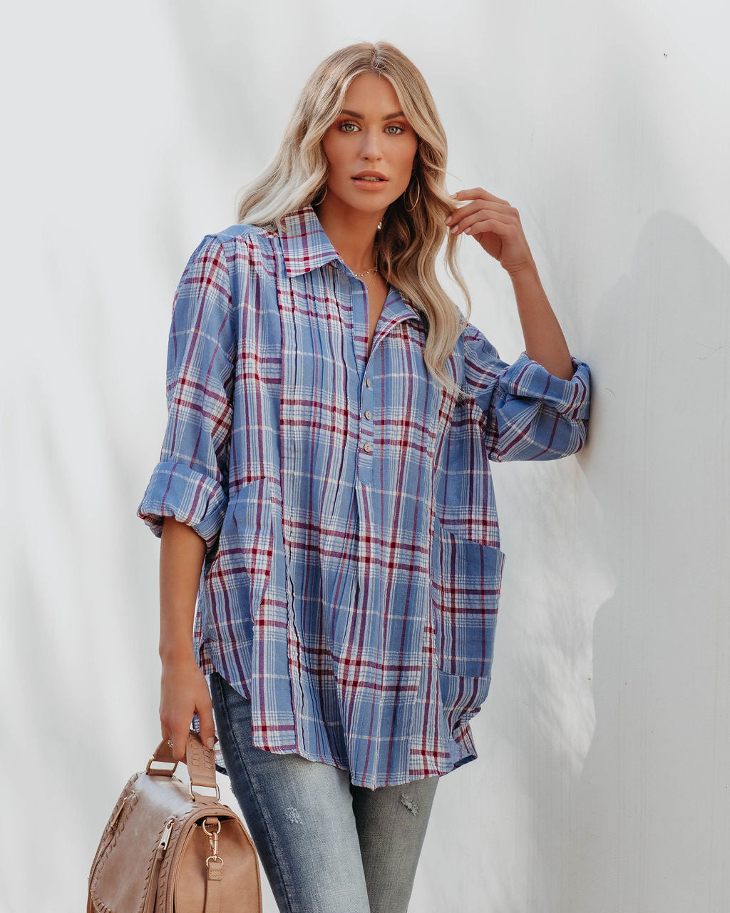 Vindy Cotton Blend Pocketed Plaid Henley Top - Blue Ins Street