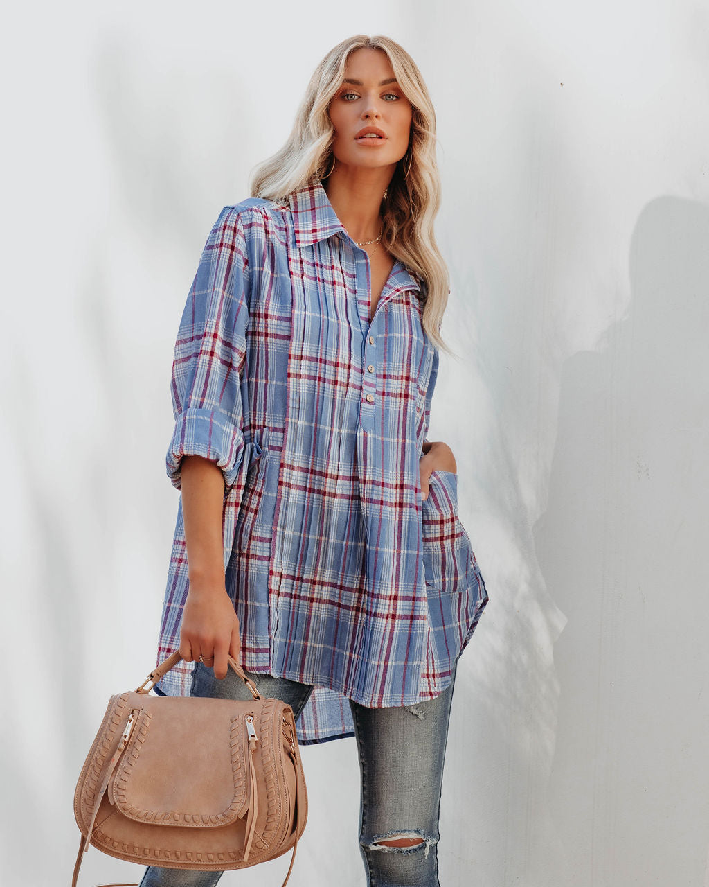 Vindy Cotton Blend Pocketed Plaid Henley Top - Blue Ins Street