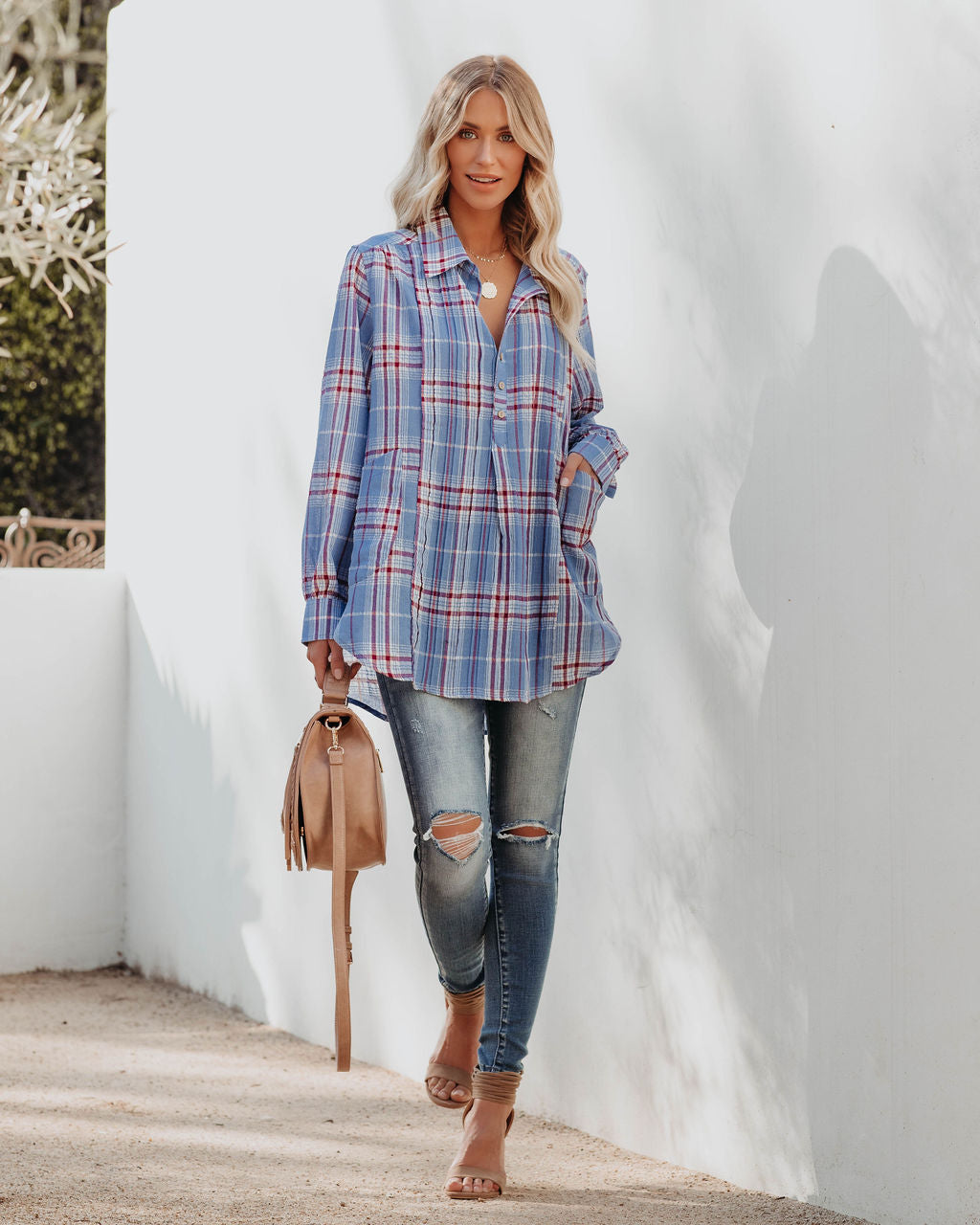 Vindy Cotton Blend Pocketed Plaid Henley Top - Blue Ins Street